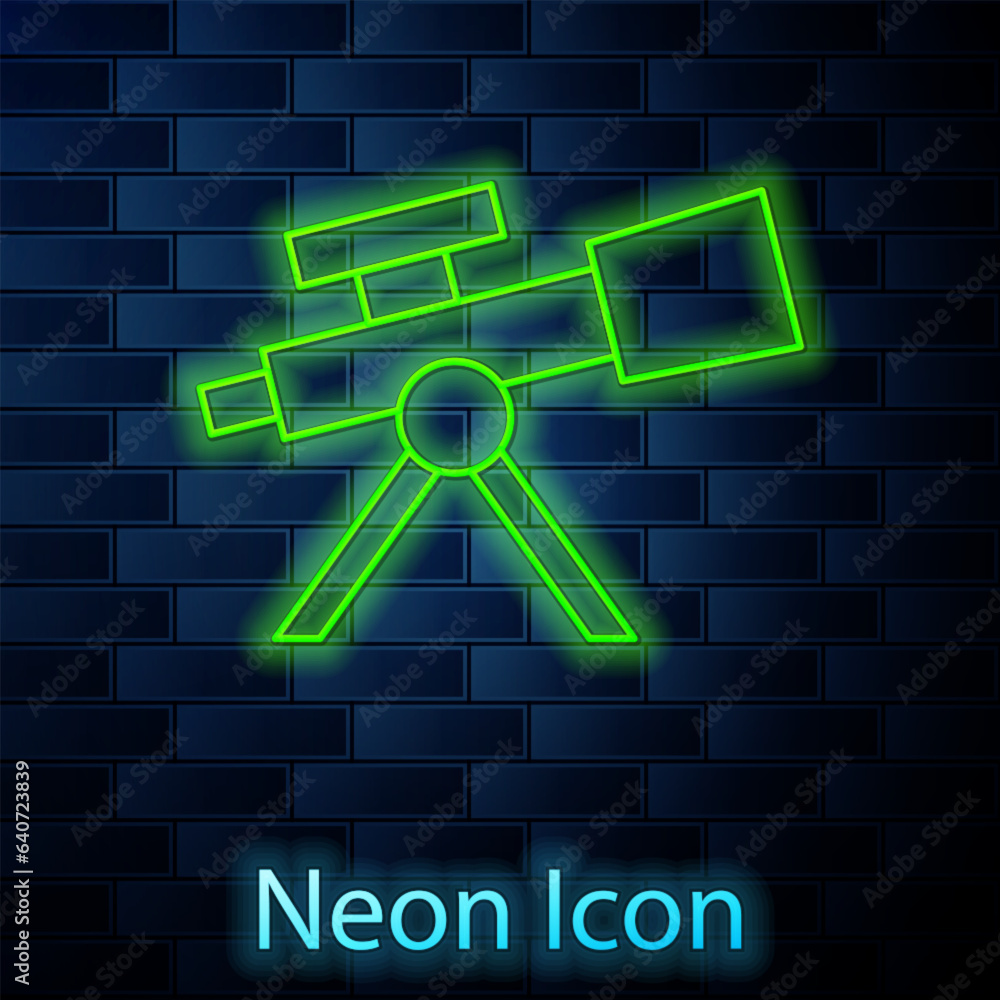 Sticker glowing neon line telescope icon isolated on brick wall background. scientific tool. education and a