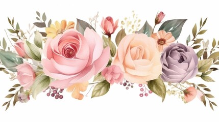 Beautiful vector watercolor summer border with rose flowers and leaves.