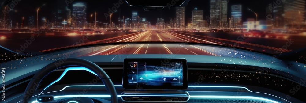 Poster autonomous futuristic car dashboard with hologram screens, futuristic autonomous vehicle.