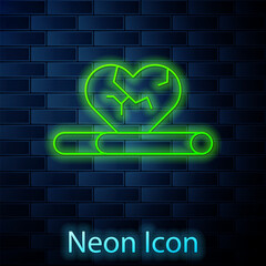 Glowing neon line Heart disease and death caused with smoking icon isolated on brick wall background. Vector