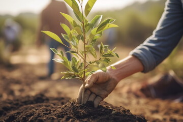 People planting trees or working in community garden promoting local food production and habitat restoration with Generative AI