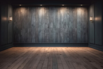 Empty light dark wall with wooden floor and spotlights, Interior for presentation
