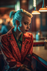 Portrait of stylish goth young woman in a diner on Route 66 highway, wearing retro 1950's fashion clothing and tattoos.