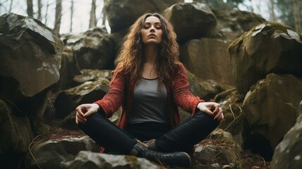 Fototapeta na wymiar woman meditating while sitting on a rock