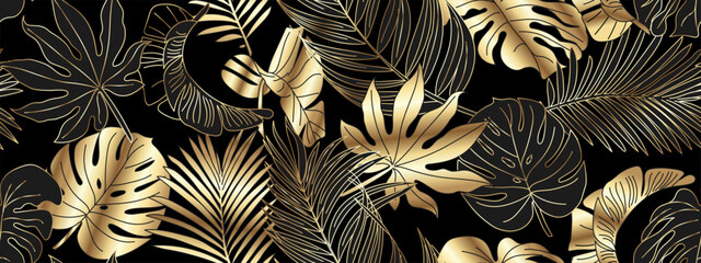 Luxurious gold and black background vector. Floral pattern, gold monster leaves, palm tree, banana leaf. Vector illustration.