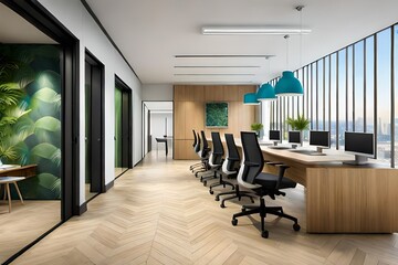 A creative office interior, thoughtfully designed with vibrant colors, flexible spaces, and inspiring decoration 