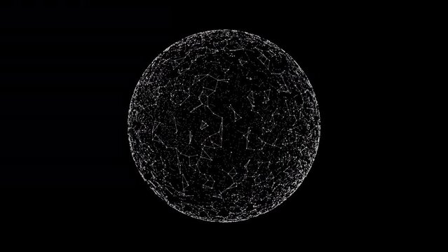 Abstract plexus sphere made of white dots and lines on a black background. Looped 4k animation.