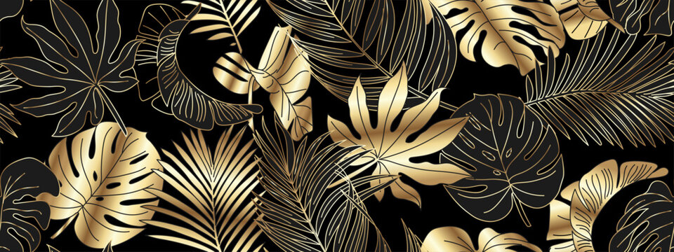 Luxurious Gold And Black Background Vector. Floral Pattern, Gold Monster Leaves, Palm Tree, Banana Leaf. Vector Illustration.