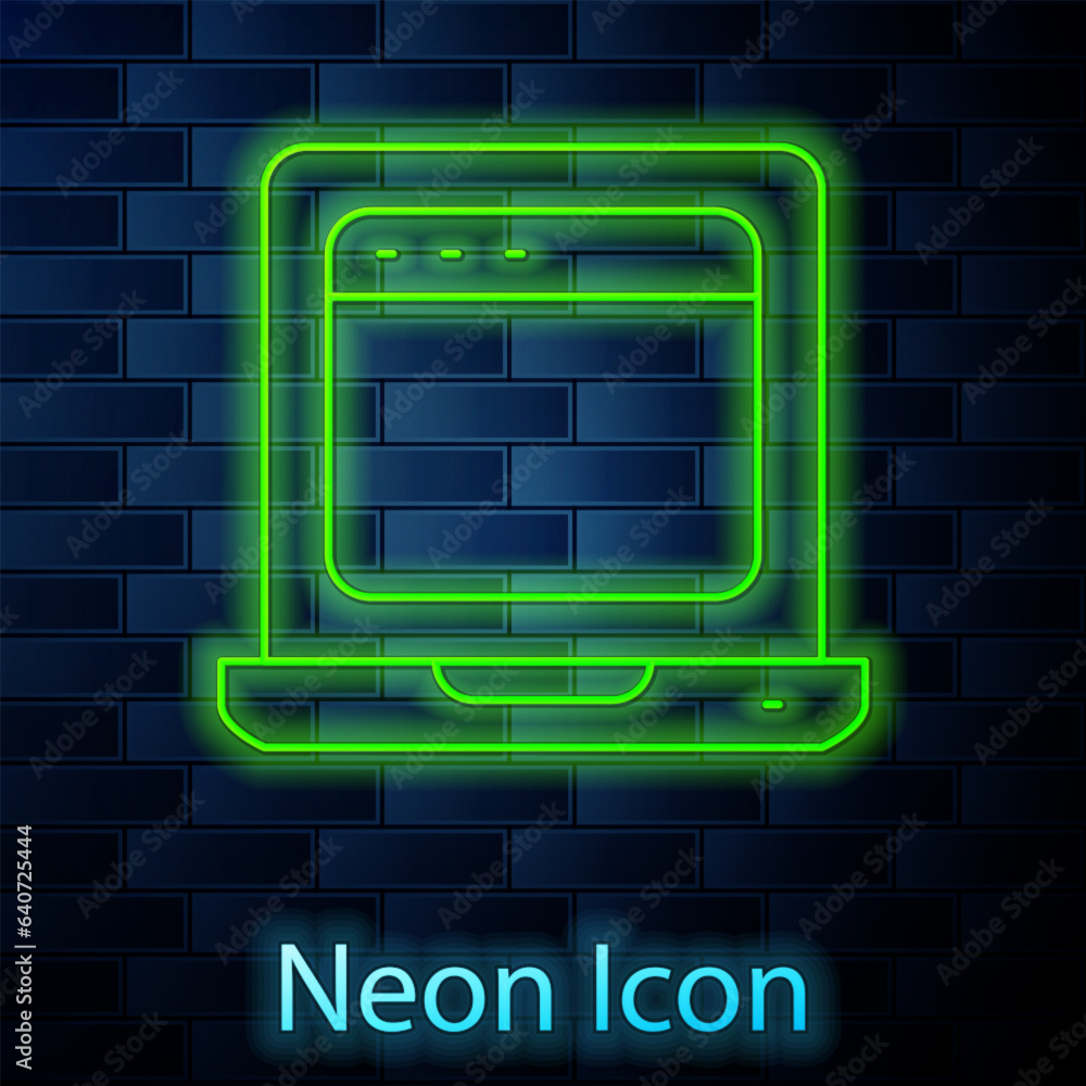 Poster glowing neon line laptop with browser window icon isolated on brick wall background. computer notebo