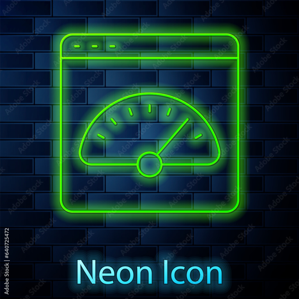 Poster glowing neon line digital speed meter icon isolated on brick wall background. global network high sp