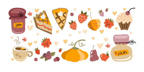 Tea time set cartoon. Vector illustration collection in the flat design. Images of various jam, cups tea as well as pastries and dessert.