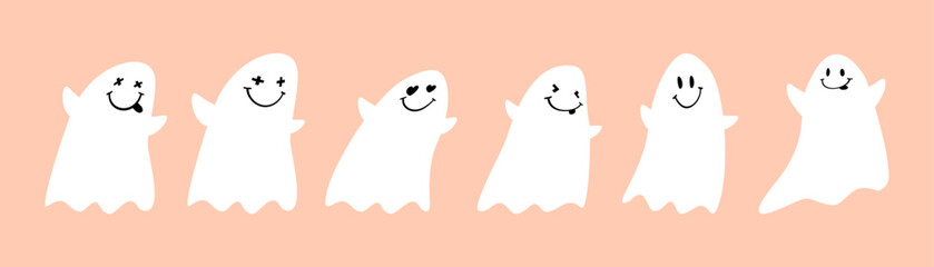 Cute Hand Drawn Halloween Vector Card with Little Happy Ghosts. White Y2K Style Ghosts Isolated on a Coral Pink Background. Lovely Halloween Illustration. RGB Colors. No Text.