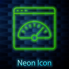 Glowing neon line Digital speed meter icon isolated on brick wall background. Global network high speed connection data rate technology. Vector