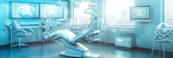 Health care dentistry, Dental chair and medical diagnosis machine equipment at hospital.