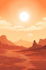Gouache desert print, in the style of richly colored skies, minimalistic geometry, pastel orange earth color, wood, sunrays shine upon it, Norwegian nature, simple