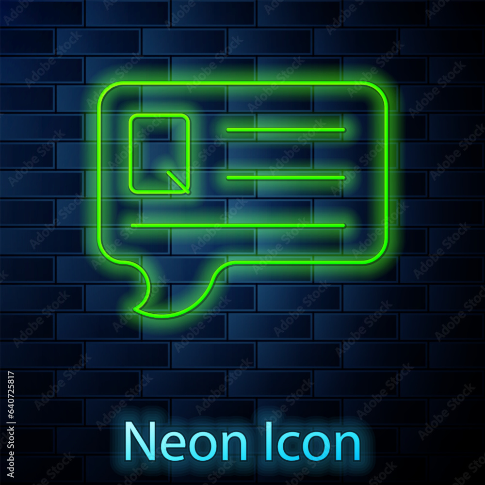 Poster glowing neon line speech bubbles with question icon isolated on brick wall background. faq sign. cha