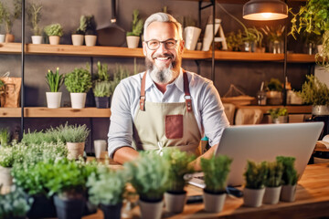 Fototapeta premium Happy senior businessman florist in apron sitting with laptop at work in small sustainable floral shop. Small business owner works in flower shop and customer service . Startup. Own business concept