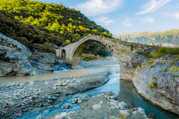 Stream of hot sulfuric water in the thermal baths of Permet Albania. Langarica Canyon, Kadiut Bridge