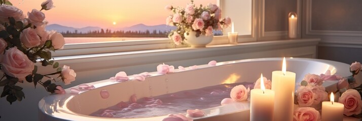 Elegant white bathroom interior with rose and candles, Modern vessel sink, Romantic zen Atmosphere.