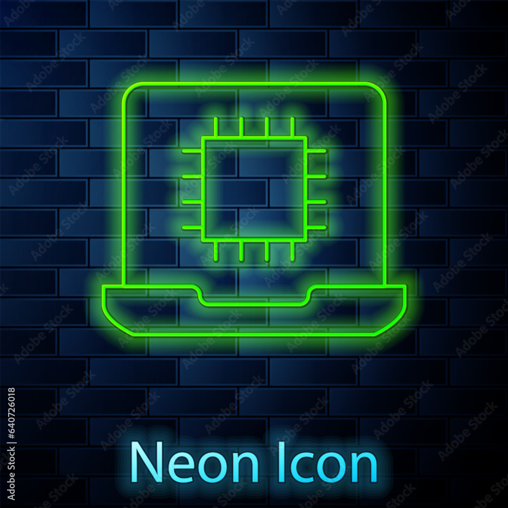 Poster glowing neon line computer processor with microcircuits cpu icon isolated on brick wall background. 