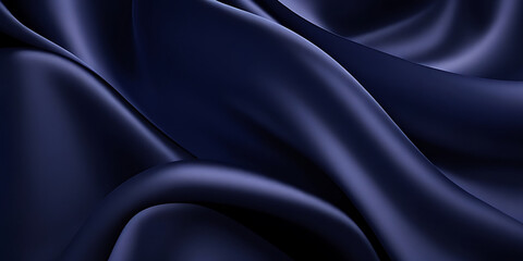 Navy blue silk satin. Dark elegant luxury abstract background with space for design. Shiny smooth fabric. Soft folds. Drapery. Color gradient. Lines. Wavy pattern.