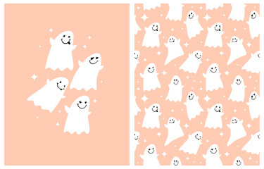 Cute Hand Drawn Halloween Vector Card and Seamless Pattern. Little Happy Ghosts. White Y2K Style Ghosts and Stars Isolated on a Coral Pink Background. Lovely Halloween Illustration. RGB Colors.