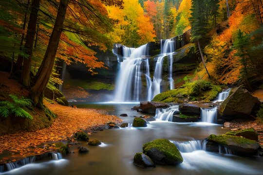 an image of a towering waterfall surrounded by vibrant autumn foliage