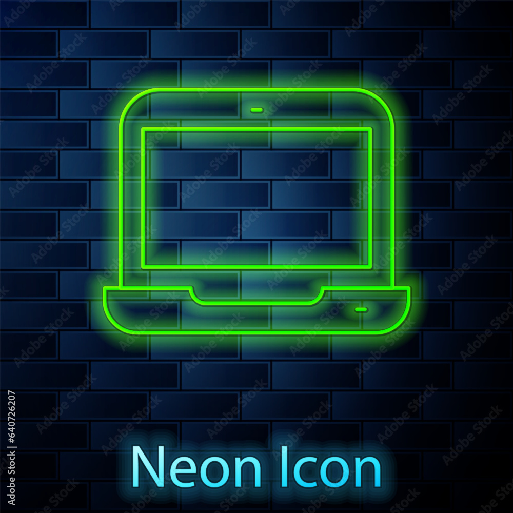Poster glowing neon line laptop icon isolated on brick wall background. computer notebook with empty screen