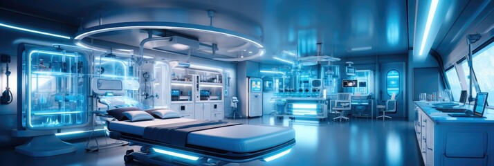 Equipment and medical devices in modern operating room, Hospital interior.