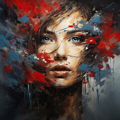 Portrait of a beautiful young woman with red, blue and black paint splashes. 