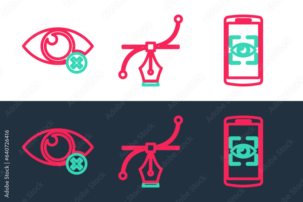 Poster set line mobile and eye scan, invisible or hide and bezier curve icon. vector