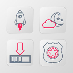 Set line Police badge, Loading, Cloud with moon and stars and Rocket ship fire icon. Vector