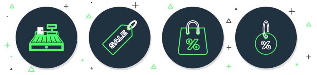 Set line Price tag with Sale, Shopping bag percent, Cash register machine and Discount icon. Vector