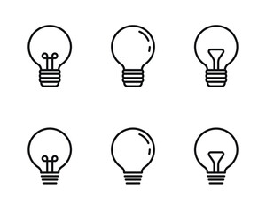 Black linear lamps icons with different design types vector icon set. Light bulb design icons. Thinking and idea icons.