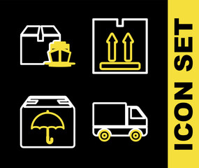 Set line Cardboard box with traffic, Delivery cargo truck vehicle, package umbrella and Cargo ship boxes icon. Vector