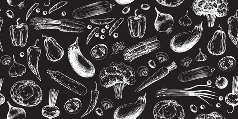 Seamless pattern with vegetables. Drawn on chalkboard broccoli, eggplant, mushrooms, zucchini, peppers, peas, tomatoes, carrot, beetroot, cabbage, pumpkin, cauliflower, asparagus, basil. Background