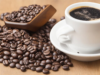 Naklejka premium A cup of coffee with a pile of coffee beans. Aerial view of hot coffee. generated by AI