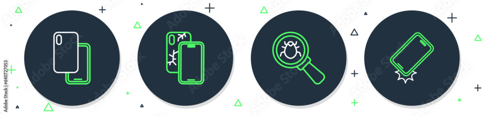 Poster set line mobile with broken screen, system bug, smartphone and shockproof icon. vector