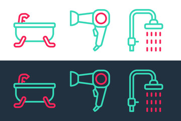 Set line Shower, Bathtub and Hair dryer icon. Vector