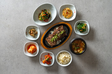 Korean food dish Soy Sauce Marinated Crab, Set Menu, Grilled La Ribs, Barley Gulbi, Grilled Dried Pollack, Side Dish