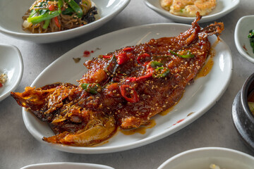 Korean food dish Soy Sauce Marinated Crab, Set Menu, Grilled La Ribs, Barley Gulbi, Grilled Dried Pollack, Side Dish