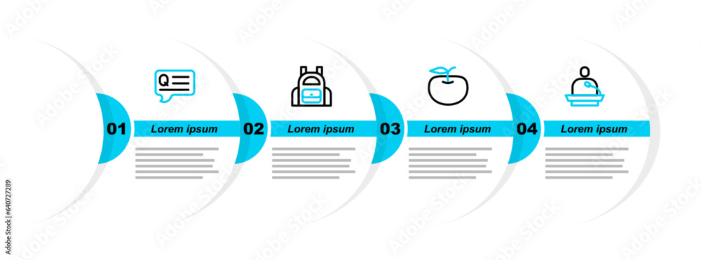 Poster set line gives lecture, apple, school backpack and speech bubbles with question icon. vector