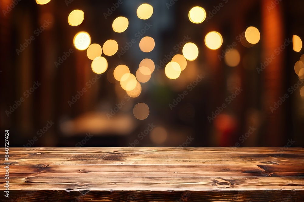 Poster bokeh background placement wooden empty top montage table focus product blurred table
