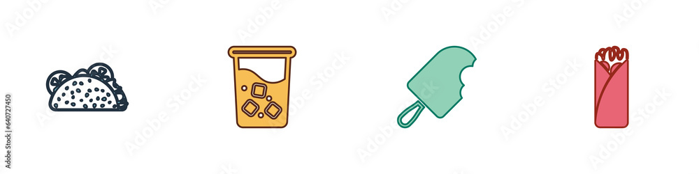 Sticker Set Taco with tortilla, Glass water, Ice cream and Burrito icon. Vector