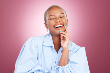 Makeup, laugh or happy black woman with beauty or smile in studio isolated on purple background....