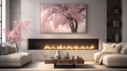Modern contemporary luxury interior design of a living room with couch and fireplace at home.