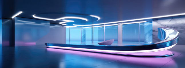 Neon cyber futuristic themed lighting reception area, Abstract neon light background.