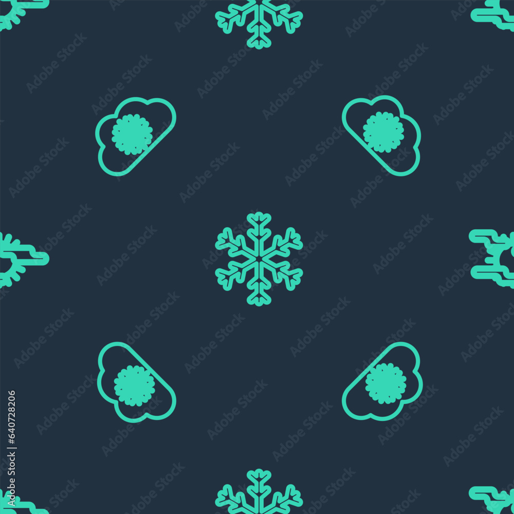 Poster set line snowflake, cloud with snow and fog and sun on seamless pattern. vector
