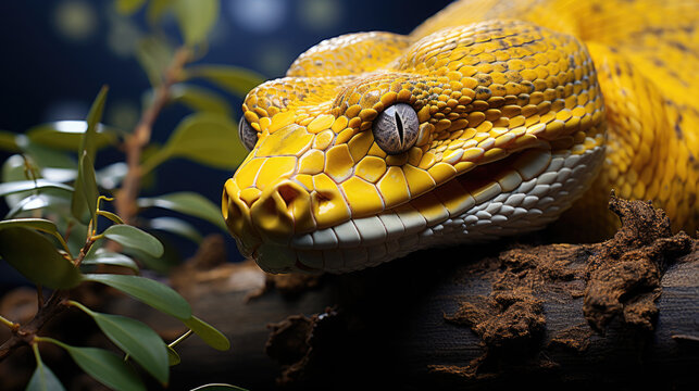 Yellow tree python snake on branch, snake on branch, reptiles closeup.