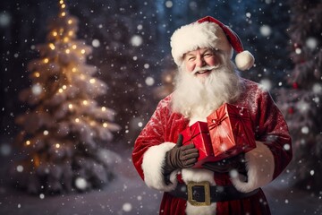 Very Happy Santa Claus outdoors near Christmas tree in snowfall holding gifts for children AI generated Photo